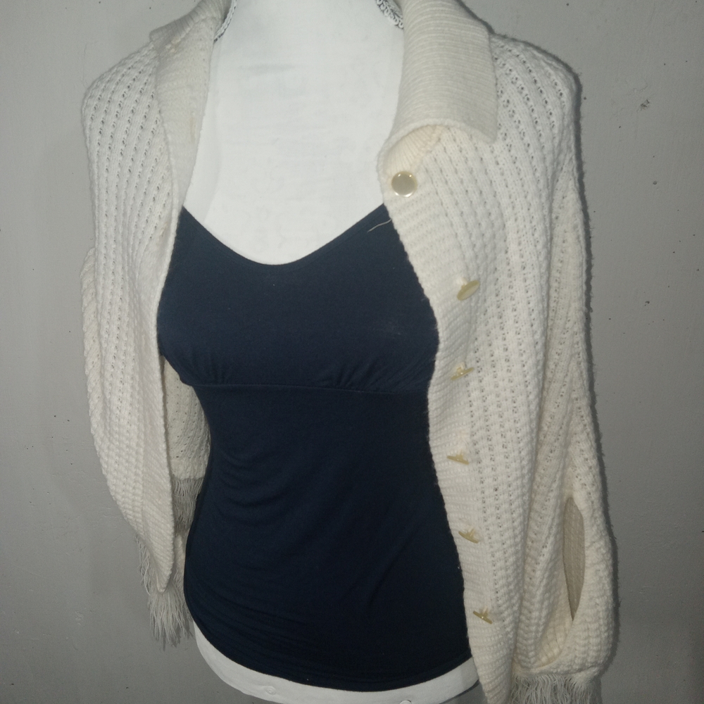 Vintage Cream Button Down Collared Cardigan Sweater With Fringed Hem,shawl
